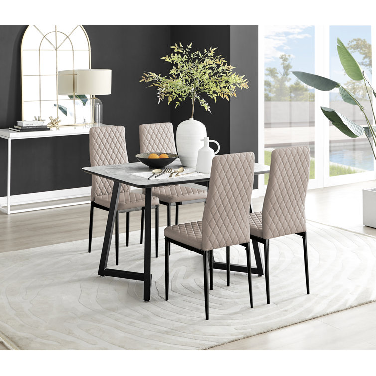 Industrial Design White Grey Marble Effect Melamine Dining Table Set with 4 Faux Leather Chairs